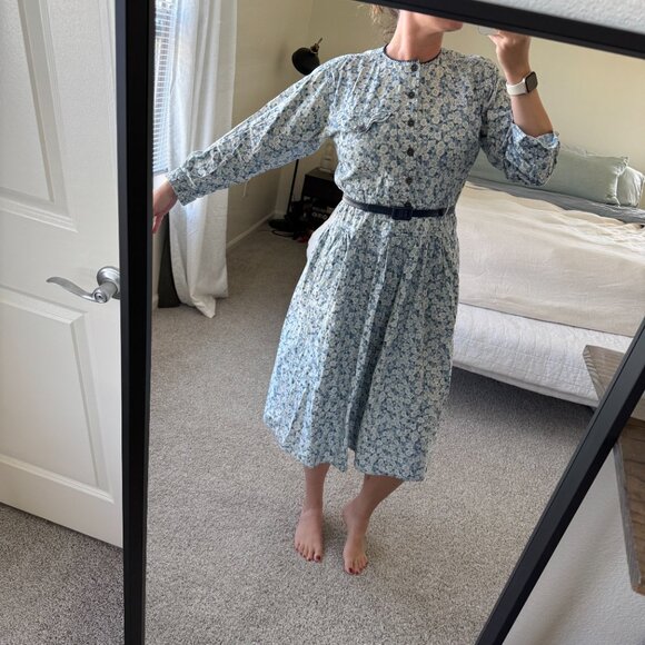 Vintage Liz Claiborne Blue Floral Peasant Long Sleeve Midi Dress Size Petite M - Picture 1 of 12